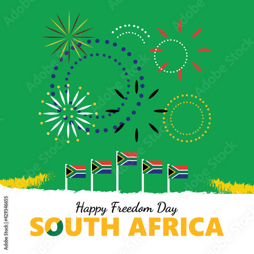 South Africa freedom day celebration greeting card with fireworks.