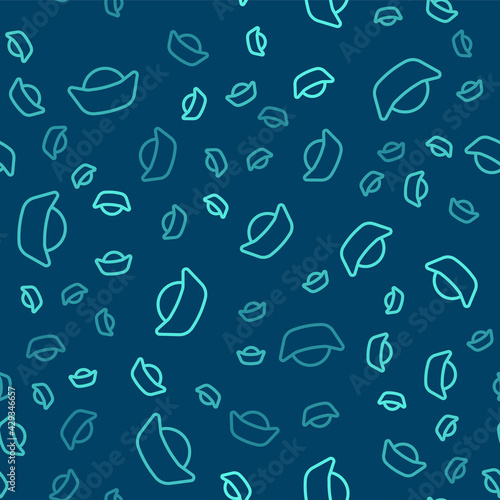 Green line Sushi icon isolated seamless pattern on blue background. Traditional Japanese food. Vector