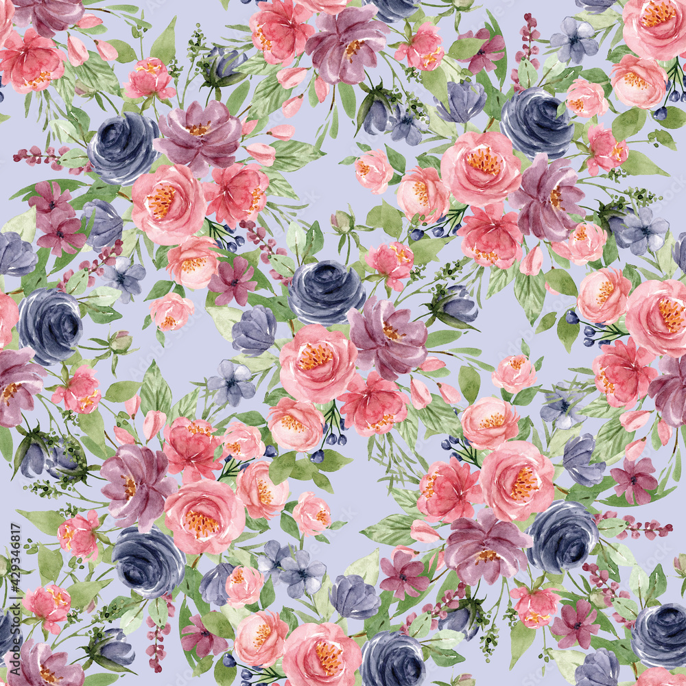 Seamless floral pattern, background with watercolor flowers pink and ...