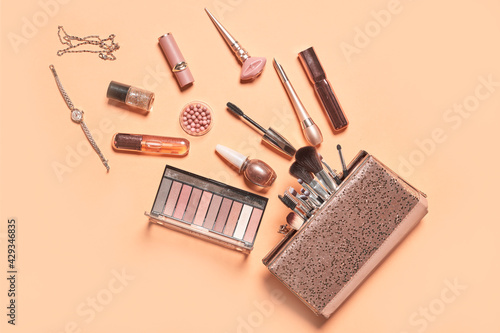 Fototapeta Naklejka Na Ścianę i Meble -  Female cosmetics bag. Make-up products set