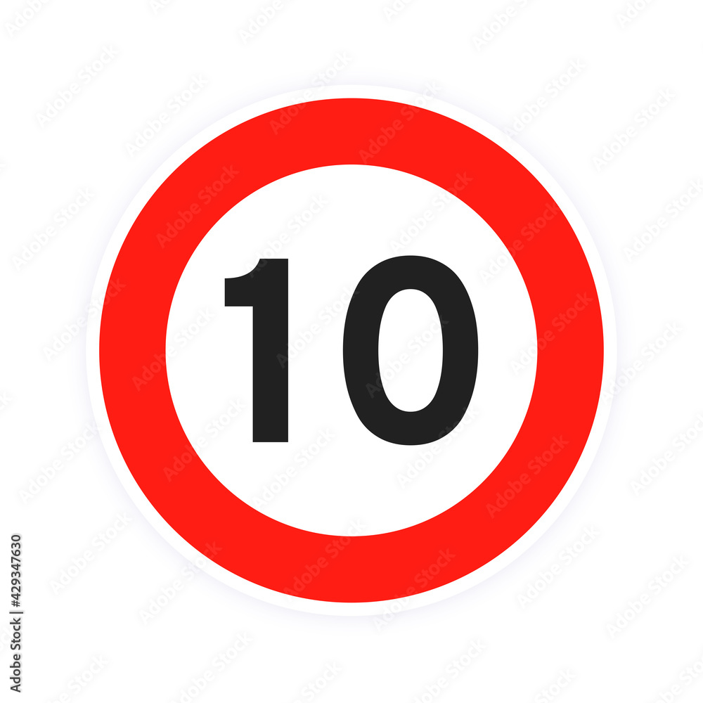 Speed limit 10 round road traffic icon sign flat style design vector illustration isolated on white background. Circle standard road sign with number 10 kmh. Speed limit 10 round road traffic icon sign flat style design vector illustration isolated on white background. Circle standard road sign with number 10 kmh.