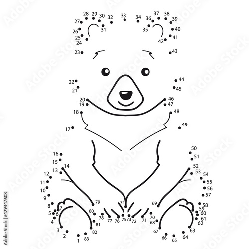 Dot to dot drawing of cute bear. Educational kids activity page with numbers game. Worksheet for children. Drawing tutorial. Coloring page.