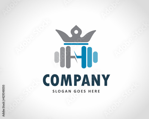 simple king crown barbell fitness gym logo design illustration