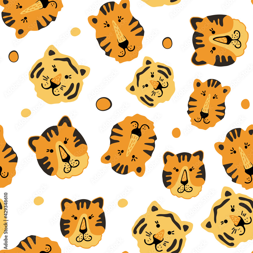 Obraz premium Bright colorful seamless pattern with exotic animals.Cute tigers. Nature jungle pattern. Childish style.Symbol of 2022