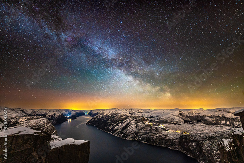 Milky Way star sky above Pulpit Rock in Norway