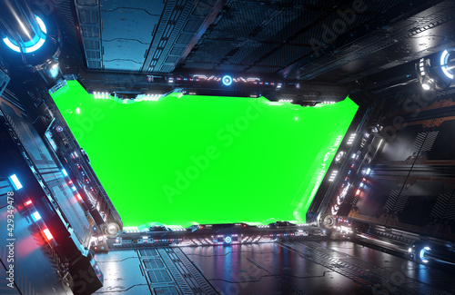 Fototapeta Naklejka Na Ścianę i Meble -  Blue and red futuristic spaceship interior with green window 3d rendering