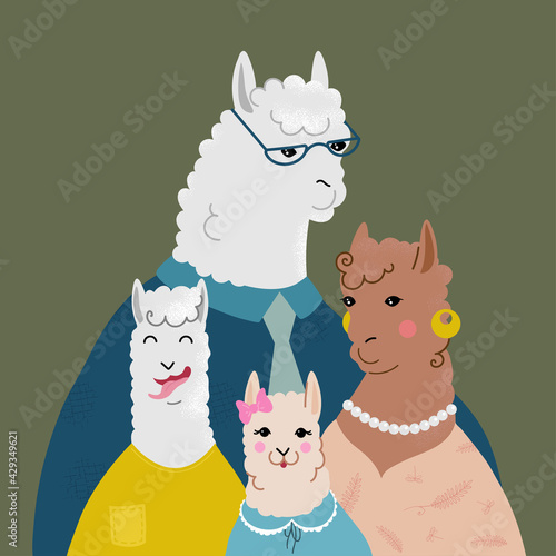 Llamas family. Cute llamas - llama mom, llama dad, llama teenager, llama baby girl, cute and funny characters.