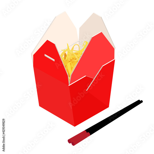 Wok noodles in blank cardboard box and chopsticks. Asian food delivery