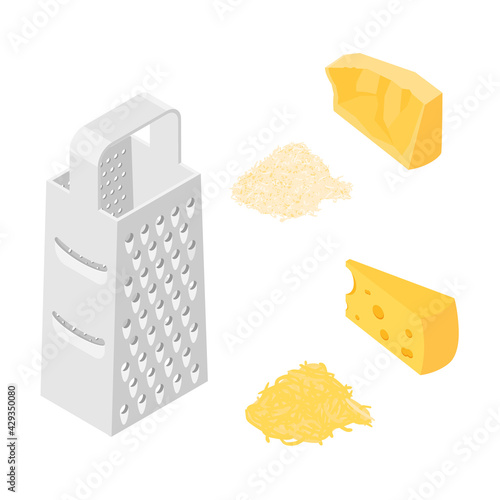 Vector illustration cheese grater, grated cheese and piece of cheese