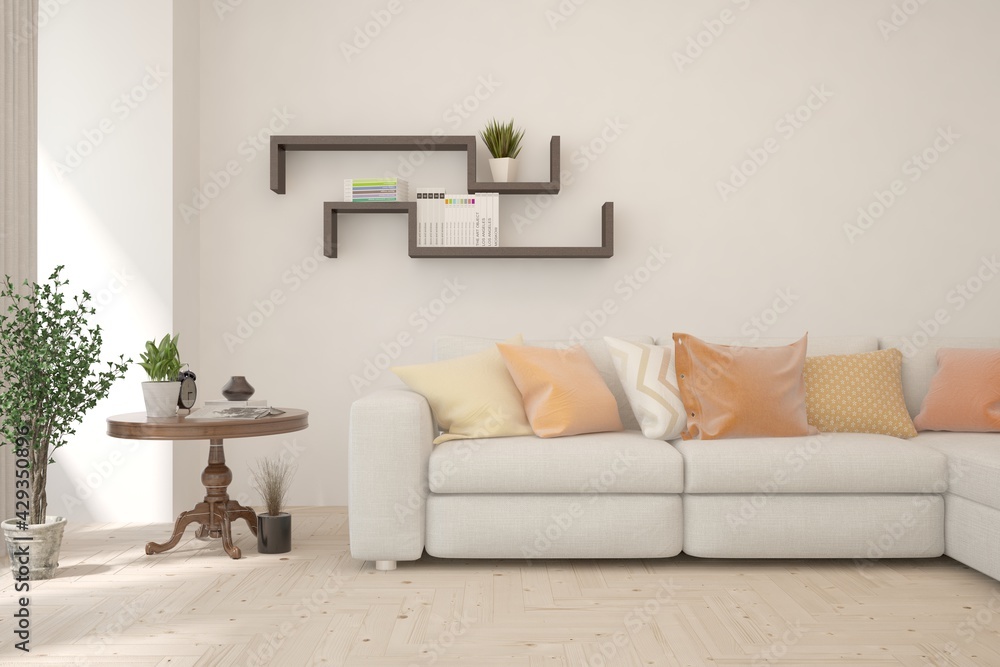 Obraz premium Soft color living room with sofa. Scandinavian interior design. 3D illustration