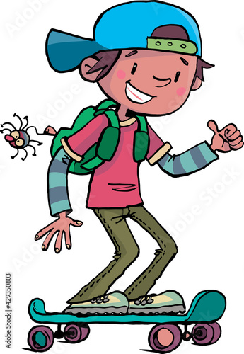 boy on a skateboard with a bag that has a spider
