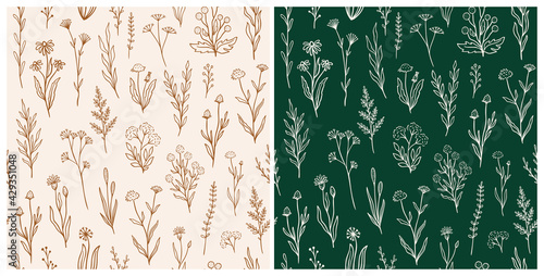 Wildflower seamless pattern set with outline florals. Retro style print design collection with hand drawn flowers in rustic colors. Simple field floral patterns for wallpaper, packaging, fabric design