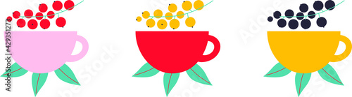 Fruit tea and berries tea hand drawing logo design. Isolated vector illustration. Handmade delicious flavored drinks, cups and spices. Set of hand drawn flavored drinks or natural beverages.