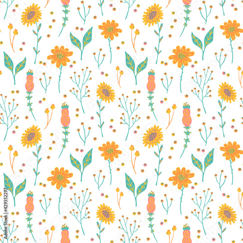 cute floral seamless pattern, endless repeatable plants texture in soft pastel colors, vector illustration background © VecTerrain