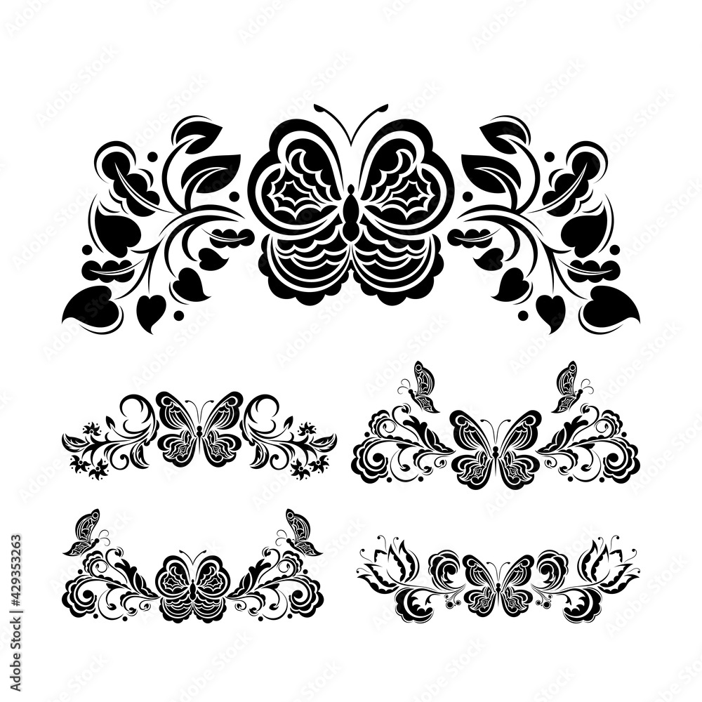 Decorative floral ornament with butterfly, element for design set. Good for tattoos, prints, and postcards. Vector illustration