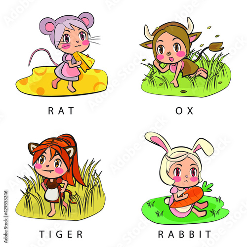 Set chinese zodiac or shio sign: Rat, Ox, Tiger, Rabbit cartoon vector illustration , Lunar New Year