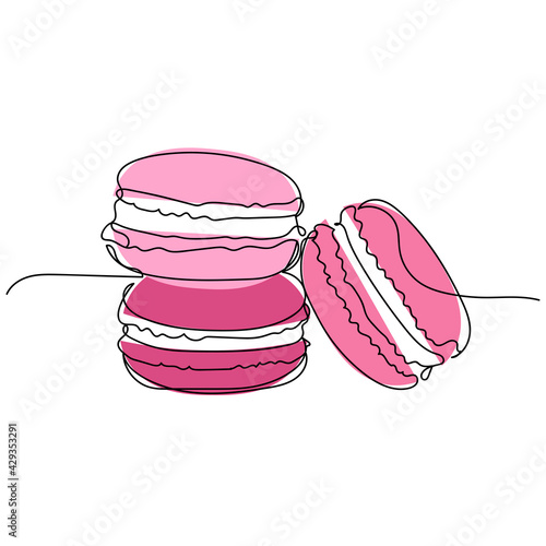 Continuous one line of macaroons in silhouette. Minimal style. Perfect for cards, party invitations, posters, stickers, clothing. Black abstract icon. Sweet bakery concept