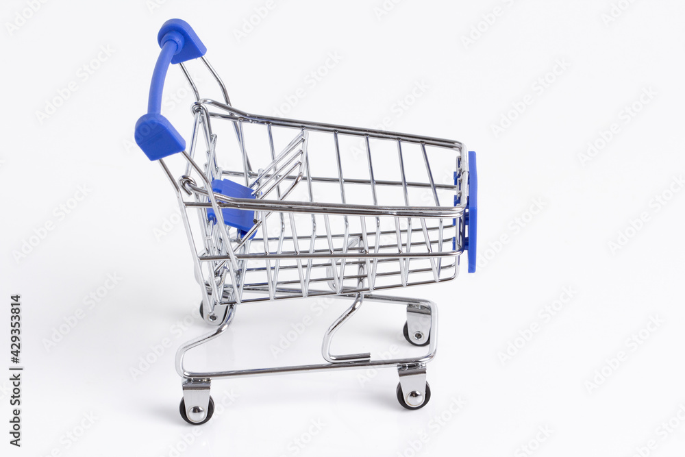 Empty metallic supermarket shopping cart side view isolated. Realistic supermarket basket, retail pushcart vector illustration stock illustration Empty metallic supermarket shopping cart side view isolated. Realistic supermarket basket, retail pushcart vector illustration stock illustration