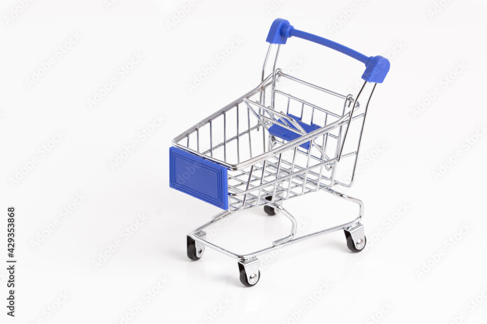 Empty metallic supermarket shopping cart side view isolated. Realistic supermarket basket, retail pushcart vector illustration stock illustration Empty metallic supermarket shopping cart side view isolated. Realistic supermarket basket, retail pushcart vector illustration stock illustration