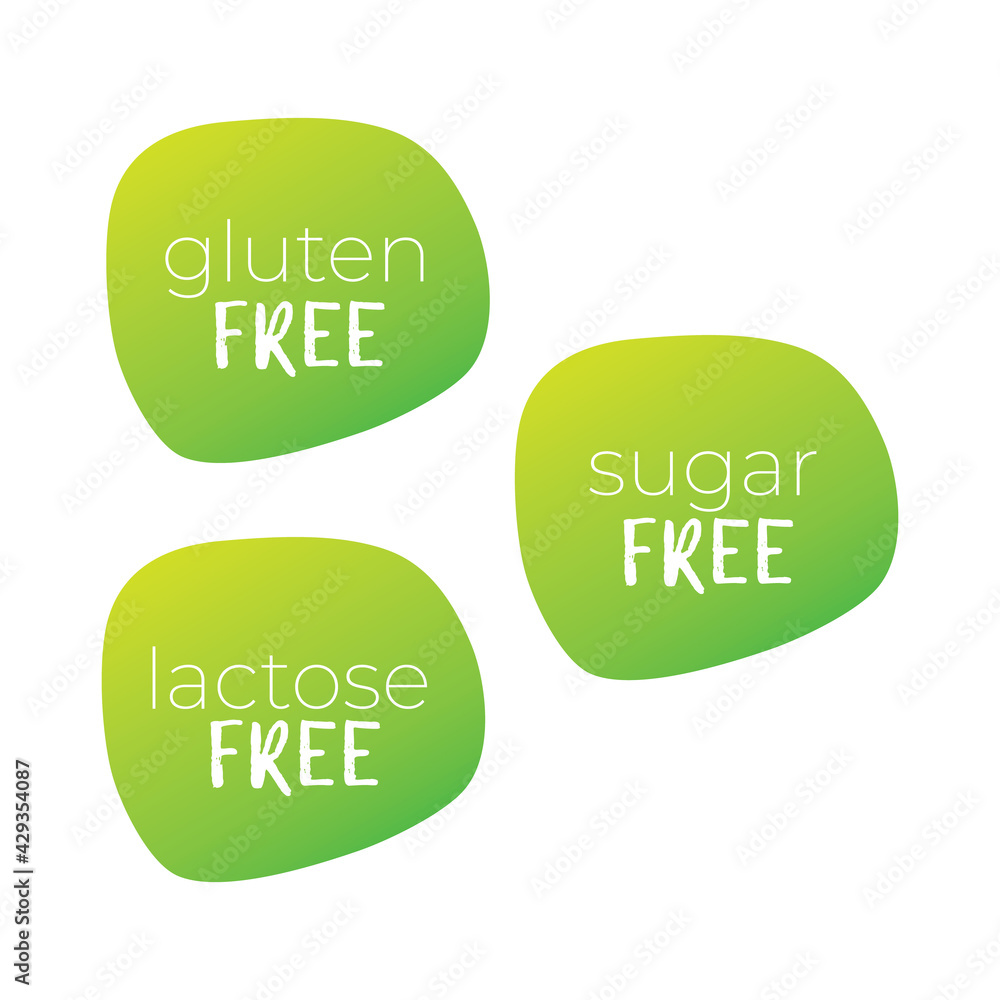 Gluten, Sugar, Lactose Free vector icon. Green gradient sign. Illustration symbol for food, product sticker, package, label, diet, design, isolated element Gluten, Sugar, Lactose Free vector icon. Green gradient sign. Illustration symbol for food, product sticker, package, label, diet, design, isolated element