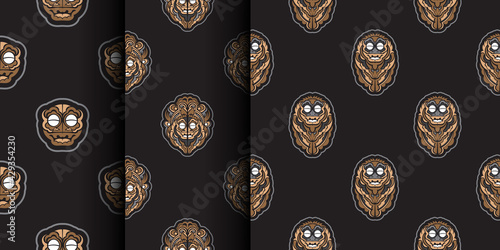 Set of tiki idol seamless pattern for any web design. Dark background. For menus, postcards, books, wrapping paper and prints. Vector illustration.