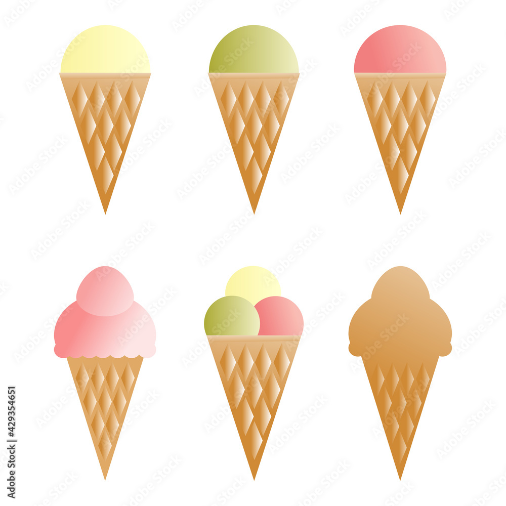 Ice cream set. Different filling waffle cones. Isolated vector illustration on white background. Print on paper, fabric, ceramic