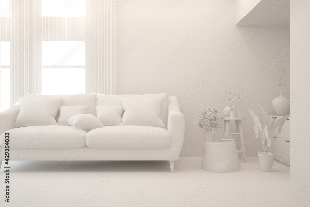 Obraz premium White minimalist living room with sofa. Scandinavian interior design. 3D illustration