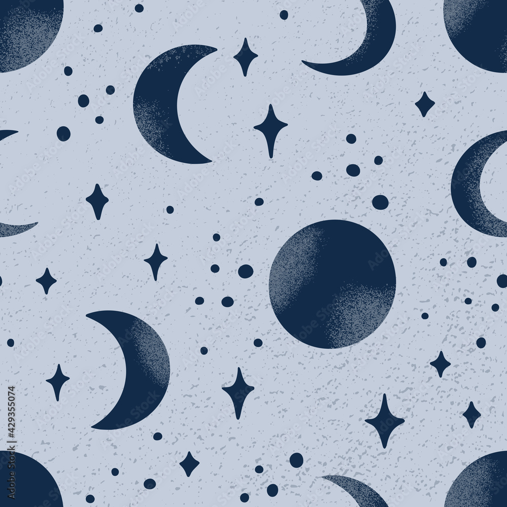 Moon and stars seamless pattern with textures. Retro style crescent moon  print design with hand drawn celestial silhouettes on blue background.  Simple cosmic pattern for packaging, fabric design Stock Vector