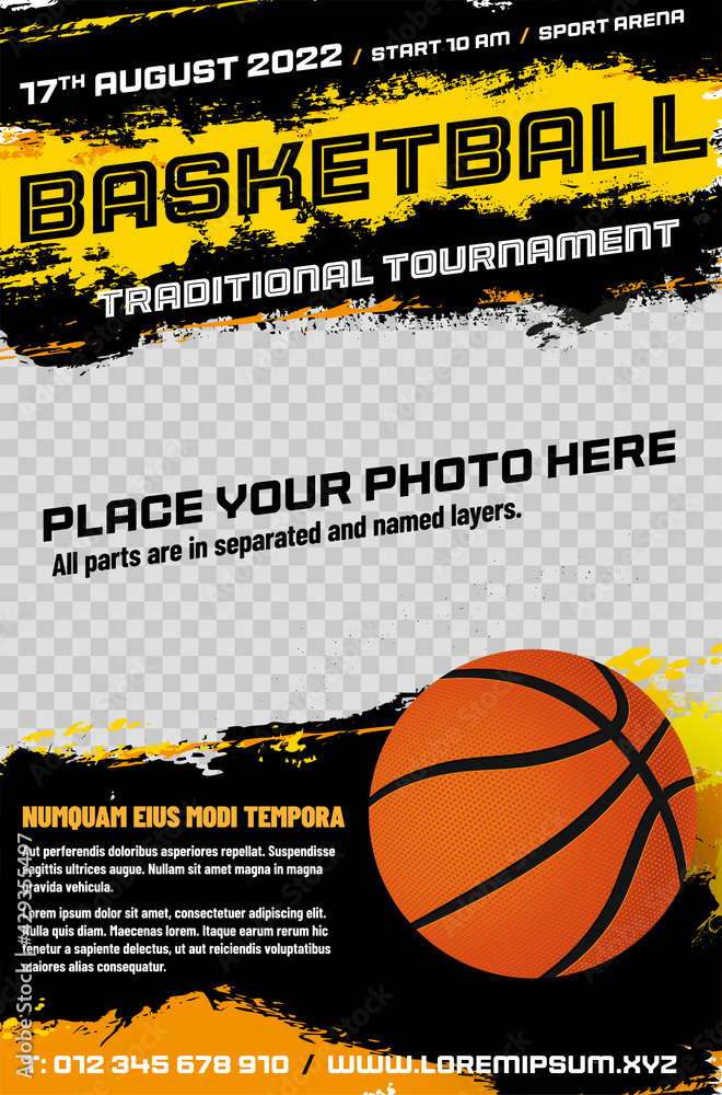 Basketball tournament poster template with ball and place for photo