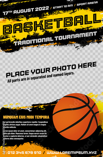 Basketball tournament poster template with ball and place for photo