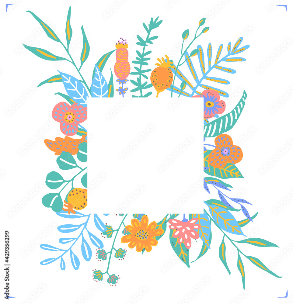 colorful floral twigs branches flowers frame arrangement, isolated vector illustration