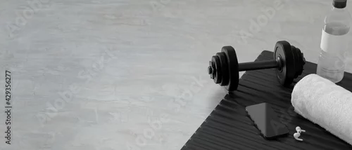 Obraz 3D rendering, dumbbells on the floor in concept fitness room with water bottle and training equipments