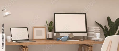 3D rendering, home office room with wooden computer desk with computer, laptop, equipments and decorations