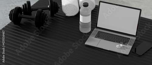 3D rendering, fitness room concept with laptop, dumbbells, water bottle and sport equipments on black yoga mat