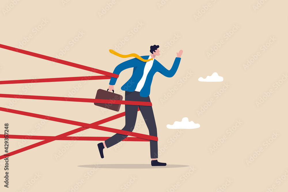 Fototapeta premium Business difficulty or struggle with career obstacle, limitation and trap or challenge to overcome to success concept, businessman tied up with red tape trying to run away with full effort.