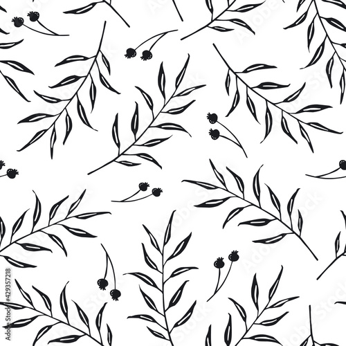 black and white floral seamless pattern, endless repeatable plant texture, vector illustration background