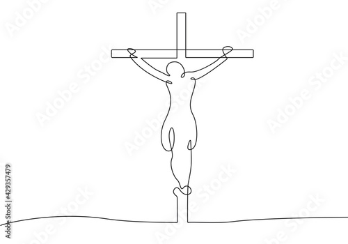Jesus on the Cross One Line Drawing. Christian Symbol Creative Contemporary Abstract Line Drawing. Vector Minimalist Design for Christian Wall Art, Poster, Card, Social Media. 