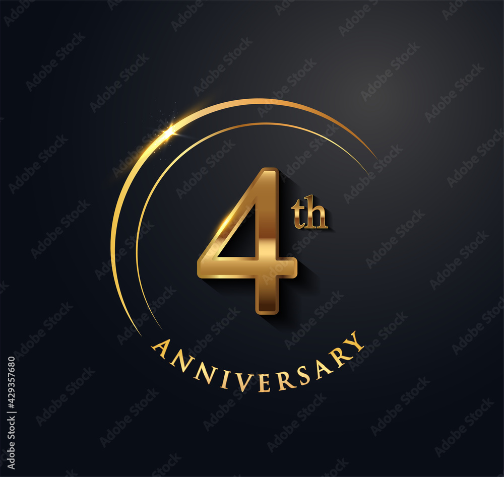 4th Anniversary Celebration. Anniversary logo with ring and elegance golden color isolated on black background, vector design for celebration, invitation card, and greeting card. 4th Anniversary Celebration. Anniversary logo with ring and elegance golden color isolated on black background, vector design for celebration, invitation card, and greeting card.