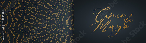 Cindo de Mayo banner or header. Golden lettering on black background with ornament. Vector illustration.