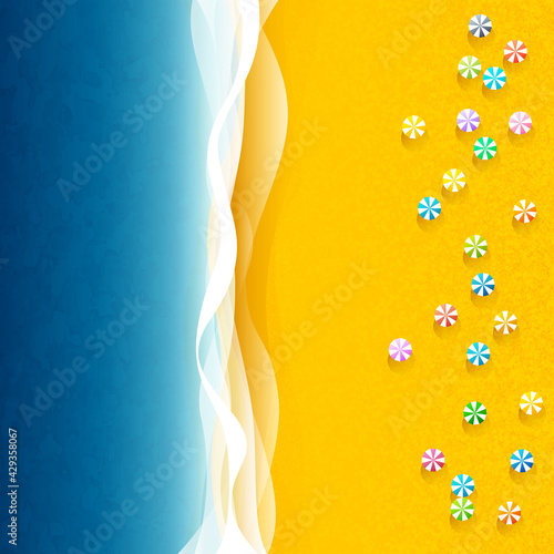 Seaside vacation, yellow sand and colorful beach umbrellas, blue sea or ocean with waves, top view, vector illustration