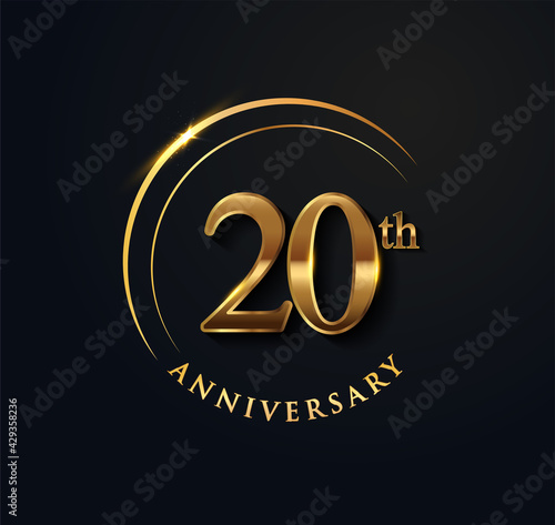 20th Anniversary Celebration. Anniversary logo with ring and elegance golden color isolated on black background, vector design for celebration, invitation card, and greeting card.
