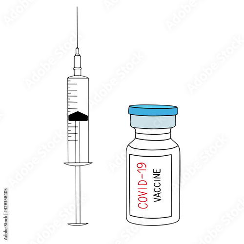 Simple illustration of a syringe and vaccine in the style of a flat illustration