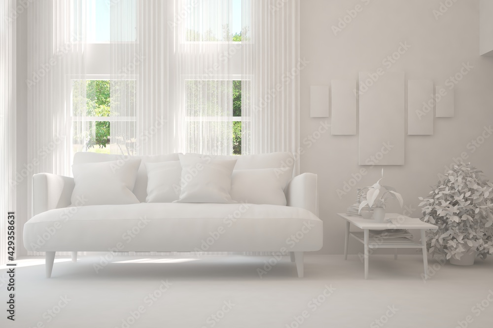 Mock up of stylish room in white color with sofa and green landscape in window. Scandinavian interior design. 3D illustration Mock up of stylish room in white color with sofa and green landscape in window. Scandinavian interior design. 3D illustration