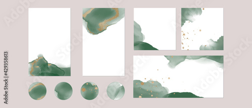 Instagram social media highlights, story post feed background template. vector watercolor green gold layouts with copy space for banner. abstract, luxury texture for beauty, fashion, make up, wedding