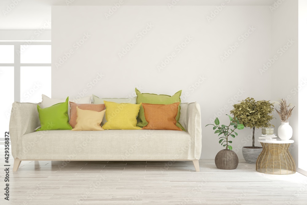 Fototapeta premium White living room with sofa. Scandinavian interior design. 3D illustration