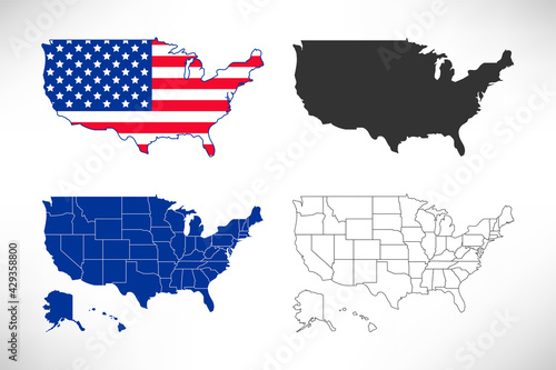 USA vector map set. American national flag colors. Vector United States of America silhouette with states borders