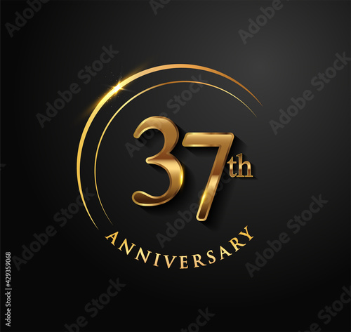 37th Anniversary Celebration. Anniversary logo with ring and elegance golden color isolated on black background, vector design for celebration, invitation card, and greeting card.
