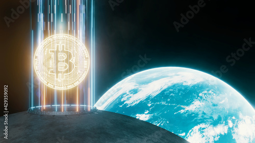 Fototapeta Naklejka Na Ścianę i Meble -  3D Rendering of Bitcoin btc on moon surface with glowing earth background. Concept for crypto currency prices rise up as sky rocket. Elements of this image furnished by NASA