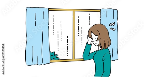 雨の日に偏頭痛に悩まされる女性のイラスト