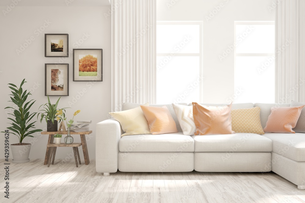 Fototapeta premium Soft color living room with sofa. Scandinavian interior design. 3D illustration